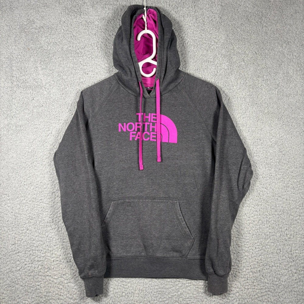 The North Face Hoodie Womens M Gray Pink Logo Pullover Raglan Kangaroo Pocket